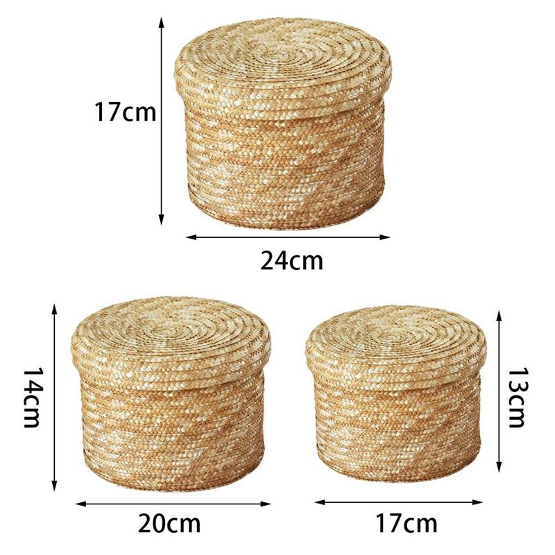3 db/Szett Kézzel készített szalmából szőtt tárolókosár fedővel Uzsonnaszervező tárolódoboz Mosodai kosarak Rattan tároló virágkosár
