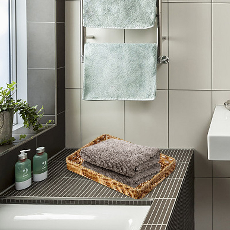 Tavă dreptunghiulară din ratan pentru masă de cafea Coș țesut Tavă decorativă pentru alimente Tavă de servire din rattan lucrată manual pentru măsuță de cafea