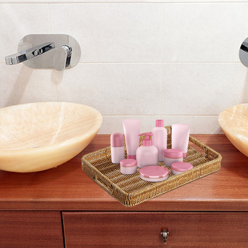 Tavă dreptunghiulară din ratan pentru masă de cafea Coș țesut Tavă decorativă pentru alimente Tavă de servire din rattan lucrată manual pentru măsuță de cafea