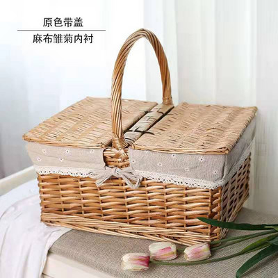 30 * 20 * 16 cm ruudukujuline vitstest paju piknikukorv, mis takistab kaane ja lillelise vooderdusega korvikotti välikämpingu pikniku jaoks