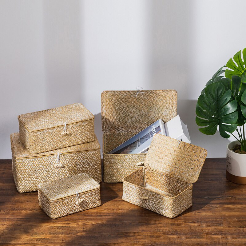 Cutie mare din răchită cu capac Coșuri dreptunghiulare țesute manual pentru rufe Depozitare acasă articole diverse pentru baie Organizator cutie pentru jucării cosmetice
