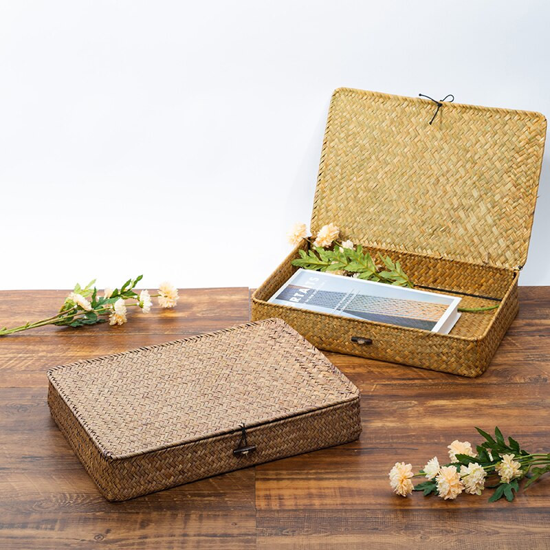 WHISM Pletena kutija za pohranu od morske trave s poklopcem Pletena torbica Ručno izrađena posuda od ratana Kutija za pohranu nakita Cvijeće Organizator za kozmetiku