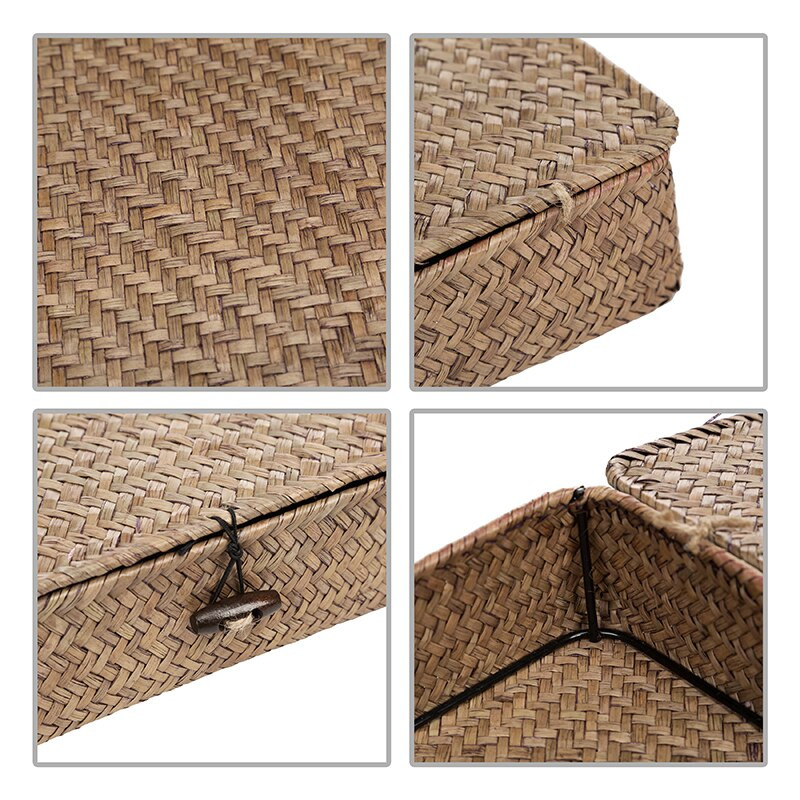 WHISM Pletena kutija za pohranu od morske trave s poklopcem Pletena torbica Ručno izrađena posuda od ratana Kutija za pohranu nakita Cvijeće Organizator za kozmetiku