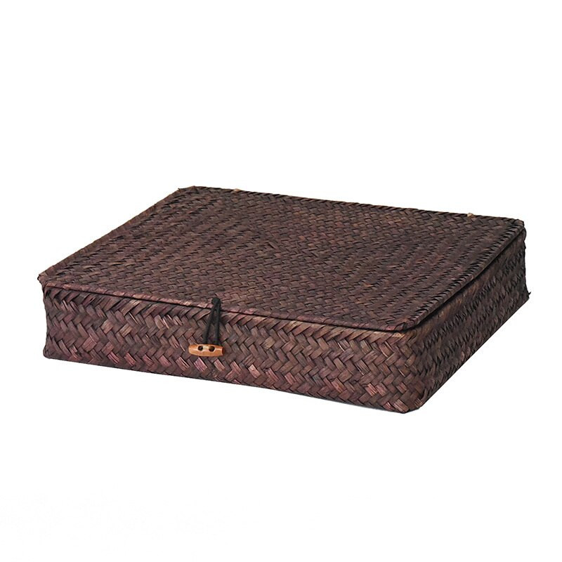 WHISM Pletena kutija za pohranu od morske trave s poklopcem Pletena torbica Ručno izrađena posuda od ratana Kutija za pohranu nakita Cvijeće Organizator za kozmetiku