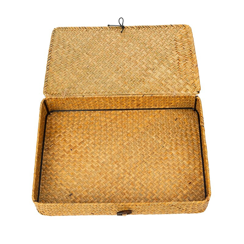 WHISM Pletena kutija za pohranu od morske trave s poklopcem Pletena torbica Ručno izrađena posuda od ratana Kutija za pohranu nakita Cvijeće Organizator za kozmetiku