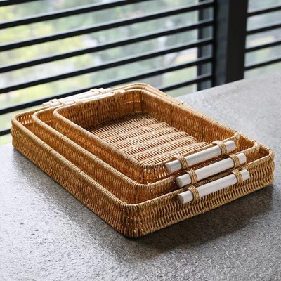 Плетена тава за плодове Кръгла ратанова кошница за съхранение Тава с дървена дръжка Хляб Плодова торта Чиния за храна Поднос за дома