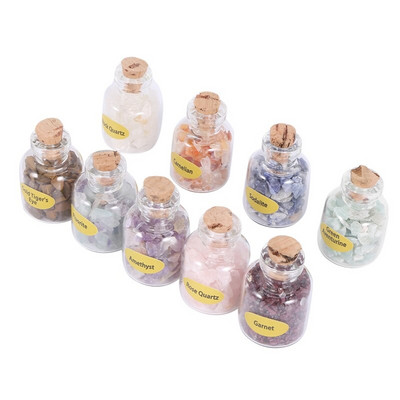1 dėžutė iš 9 buteliukų Mini natūralūs pusbrangiai brangakmeniai, drožlių krištoliniai kristalai, gydantis apleistas Reiki Wicca kelionių natūralių akmenų dekoras