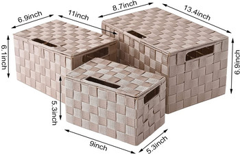 Плетена кошница за съхранение с капак, найлонови контейнери за съхранение с каишки, които могат да се подреждат една върху друга, за рафтове, вградени дръжки за носене (3 пакета, бежови)