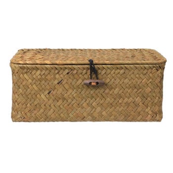Сламена кошница с капак Ратанова плетена кошница Настолна кутия за съхранение на дрехи и разни вещи за спалня Рамка за съхранение на дрехи и разни вещи