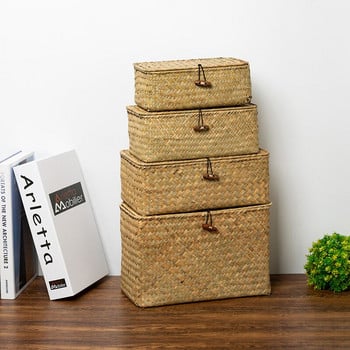 Плетена кутия за съхранение от морска трева Ръчно изработена плетена кошница за съхранение с капак Разни бижута Контейнер за козметика Домашен настолен органайзер