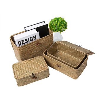 Плетена кутия за съхранение от морска трева Ръчно изработена плетена кошница за съхранение с капак Разни бижута Контейнер за козметика Домашен настолен органайзер