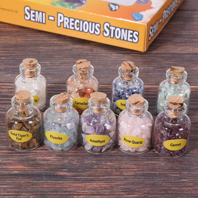 1 doboz 9 palack Mini természetes féldrágakőből készült drágakő chips kristály gyógyító bukdácsolt Reiki Wicca utazási természetes kövekkel díszített