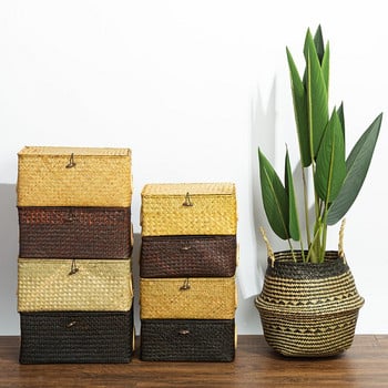 Правоъгълна плетена кутия за съхранение с дръжка Големи кошници с морска трева пране Козметични джаджи Играчки Органайзер за домашен декор за баня
