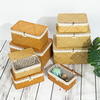 Кошници за съхранение от естествена морска трева Ръчно плетени кошници от ракита с капак Правоъгълен многофункционален органайзер Ръчно изработен контейнер