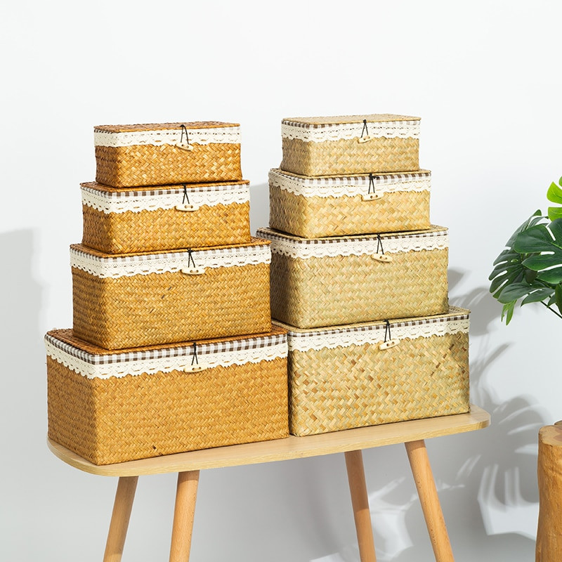 Coșuri de depozitare din iarbă de mare naturală Coșuri din răchită țesute manual cu capac Organizator dreptunghiular multifuncțional Container lucrat manual