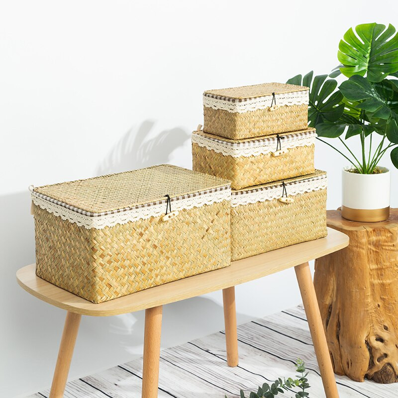 Coșuri de depozitare din iarbă de mare naturală Coșuri din răchită țesute manual cu capac Organizator dreptunghiular multifuncțional Container lucrat manual