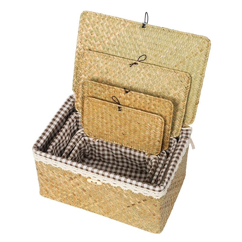 Coșuri de depozitare din iarbă de mare naturală Coșuri din răchită țesute manual cu capac Organizator dreptunghiular multifuncțional Container lucrat manual