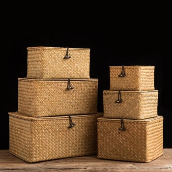 Плетена кошница Естествена ръчно изработена плетена кутия за съхранение с капак Кошница за съхранение на морска трева Органайзер за различни вещи Кошници за пране Домашен декор