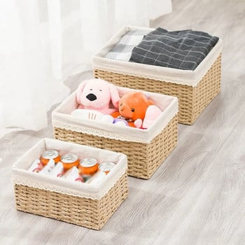 Плетена кошница за съхранение Ръчно изработена кошница за пране Проста настолна кутия за съхранение Козметика Закуски Разни играчки Кутия за органайзер
