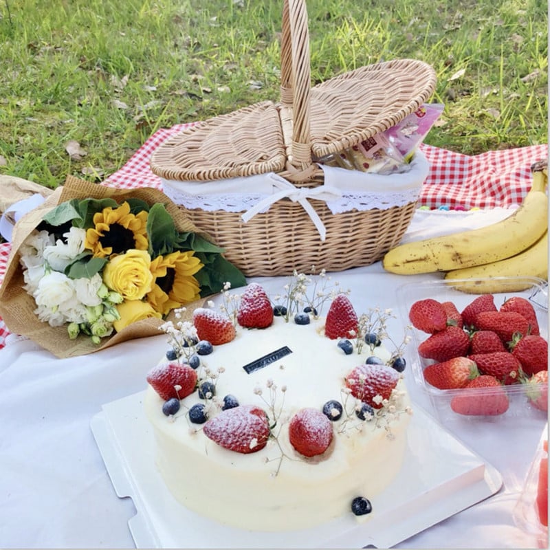 Rankų darbo pintas krepšelis su rankena Dvigubo dangčio stovyklavimo piknikas Gluosnių pynimas Sandėliavimas trukdo lauko vaisių laikikliui namų dekoras