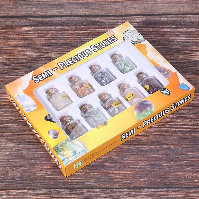1 doboz 9 palack Mini természetes féldrágakőből készült drágakő chips kristály gyógyító bukdácsolt Reiki Wicca utazási természetes kövekkel díszített