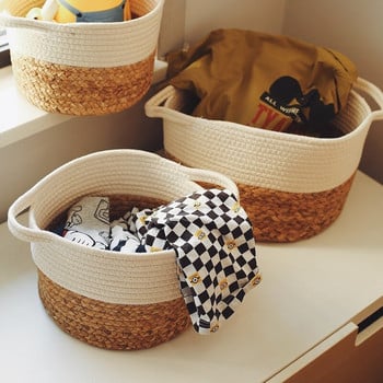 INS Скандинавска сламена кошница за съхранение Ръчно изработена настолна кутия Органайзер за закуски Кошници за пране Памучно въже Растения Поставка за саксия