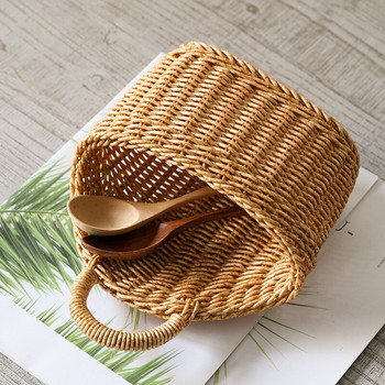 1PCS Ръчно изработена тъкана висяща кошница Пластмасова тъкана кошница за съхранение за домашно кафене Творческа стенна декорация Висяща кошница