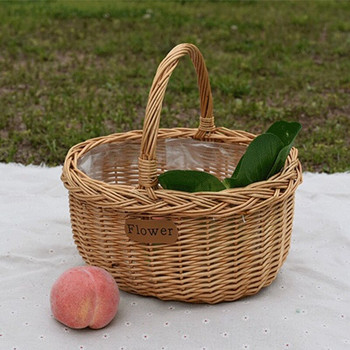 Ратанова кошница за пикник на открито в селски стил Ръчно тъкана кошница с капак и дръжка Качествени подложки Съхранение на храна и плодове Носен
