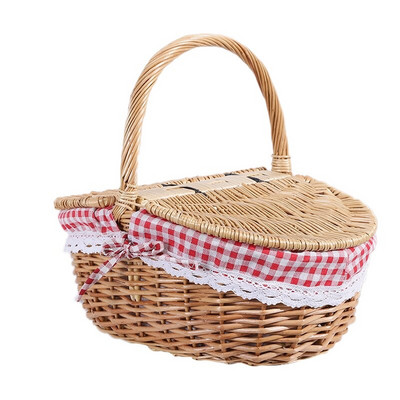 Coș de picnic din răchită în stil rustic cu capac și mâner și căptușeli pentru picnic, petreceri și grătar