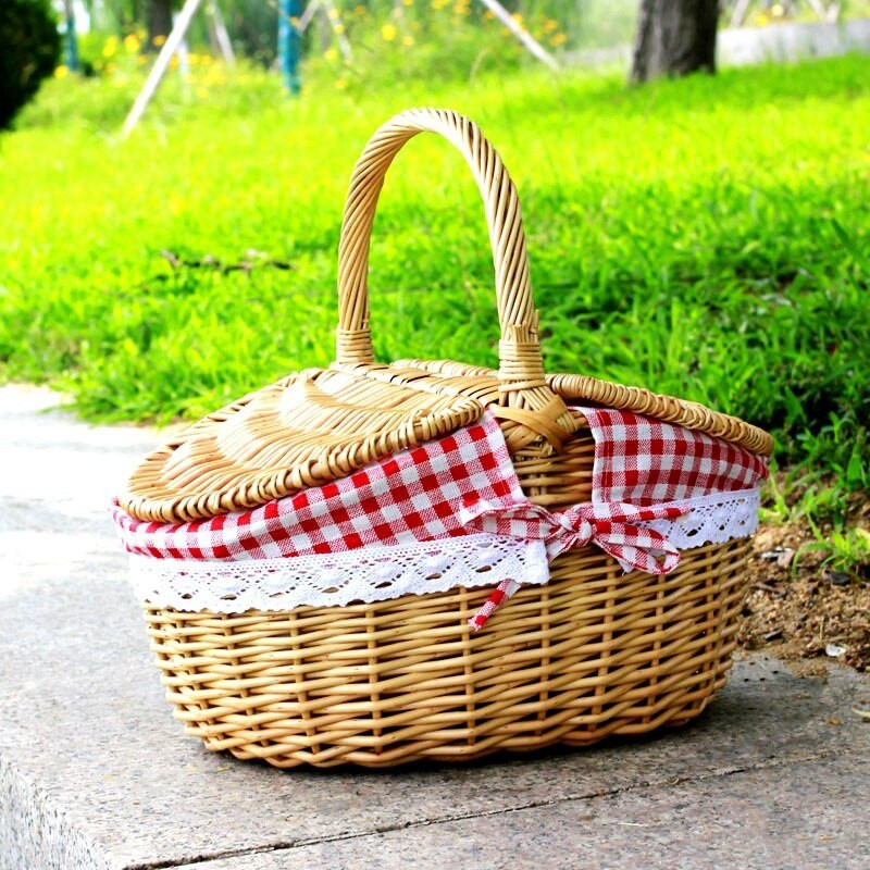 Coș de picnic din răchită în stil rustic cu capac și mâner și căptușeli pentru picnic, petreceri și grătar