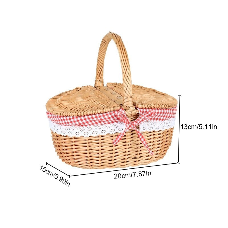 Coș de picnic din răchită în stil rustic cu capac și mâner și căptușeli pentru picnic, petreceri și grătar