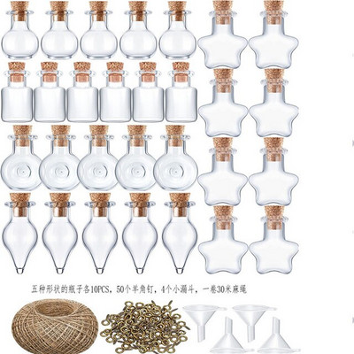 50 üveg kis kívánságüveg horgolt tölcsérfüzérrel és kis parafa mini kívánságüveg díszítéssel