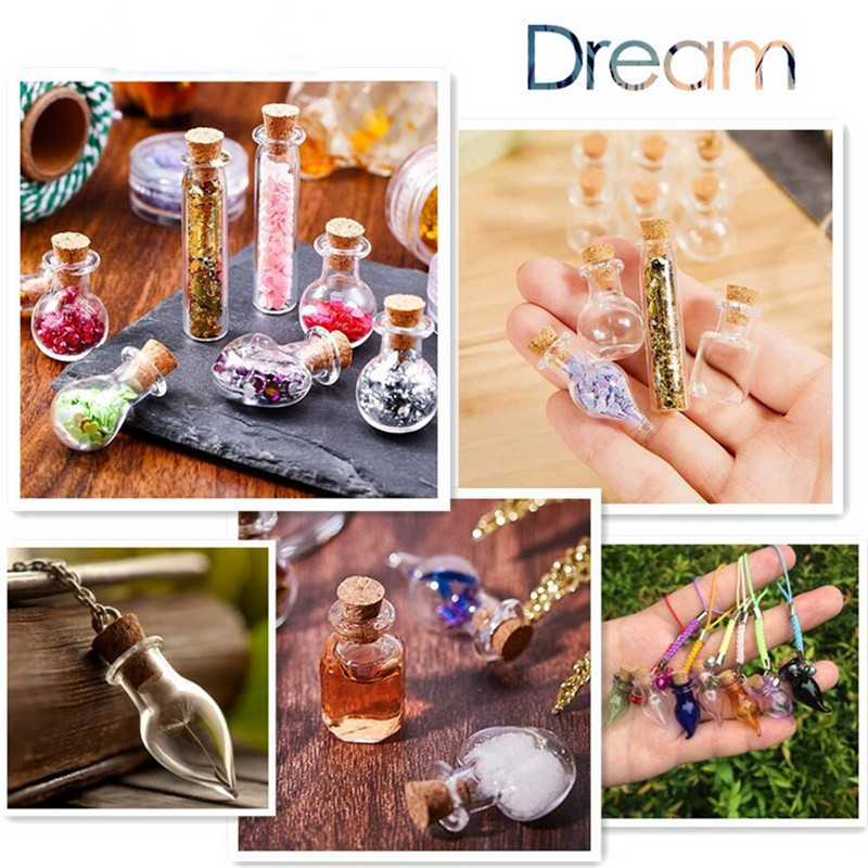 50 üveg kis kívánságüveg horgolt tölcsérfüzérrel és kis parafa mini kívánságüveg díszítéssel