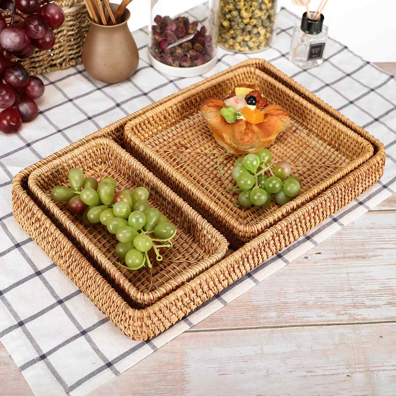 Kézzel szőtt rattan tárolókosár Négyzetes fonott tálca piknikkosár kenyér Étel tányér Gyümölcs torta Vegyes doboz Konyhai dekoráció