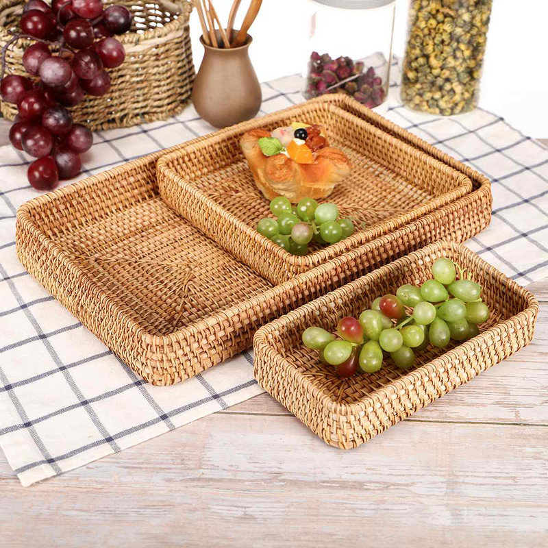 Kézzel szőtt rattan tárolókosár Négyzetes fonott tálca piknikkosár kenyér Étel tányér Gyümölcs torta Vegyes doboz Konyhai dekoráció