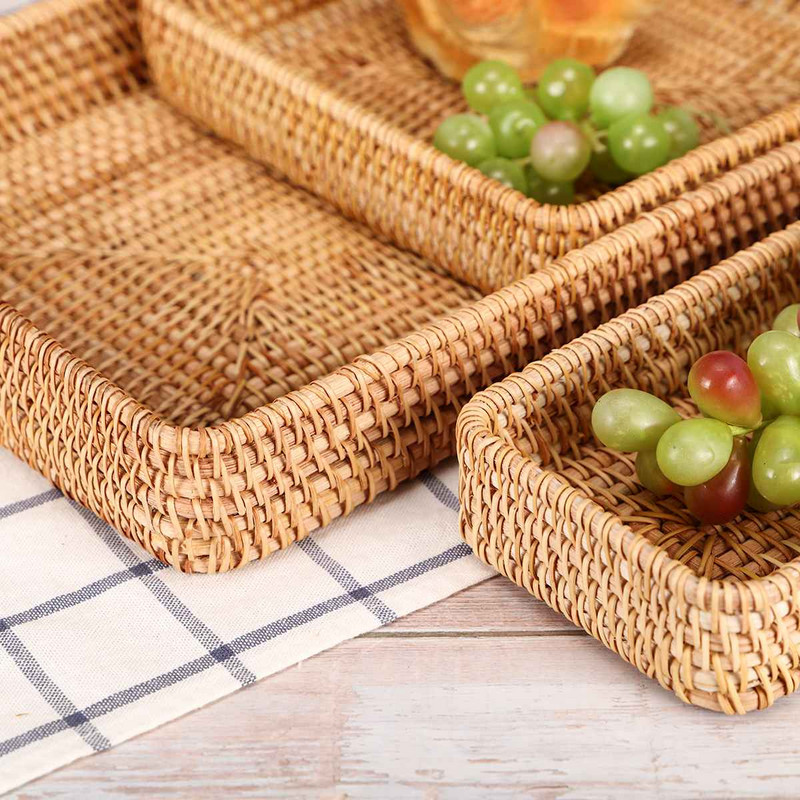 Kézzel szőtt rattan tárolókosár Négyzetes fonott tálca piknikkosár kenyér Étel tányér Gyümölcs torta Vegyes doboz Konyhai dekoráció