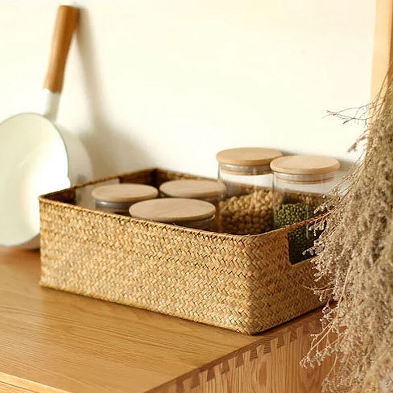 Minimalista szőtt tárolókosarak fogantyúval Rattan tárolókosár Konyhai egyéb tárolók házirendező dobozokhoz