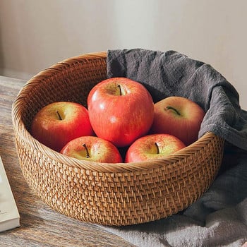 Нова кръгла кошница с плодове от естествен ратан Плетена настолна тава за сервиране на хляб Изплетени купи за съхранение на храна (големи, 1 бр.)