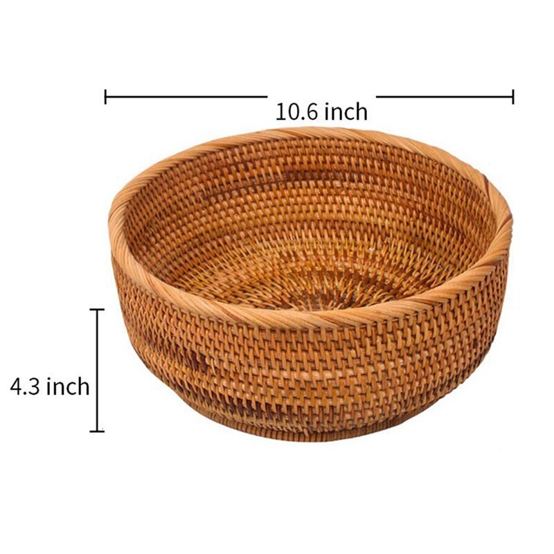 Új természetes rattan kerek gyümölcskosár fonott asztali kenyértálca, szövés ételtároló tálak (nagy, 1 db)