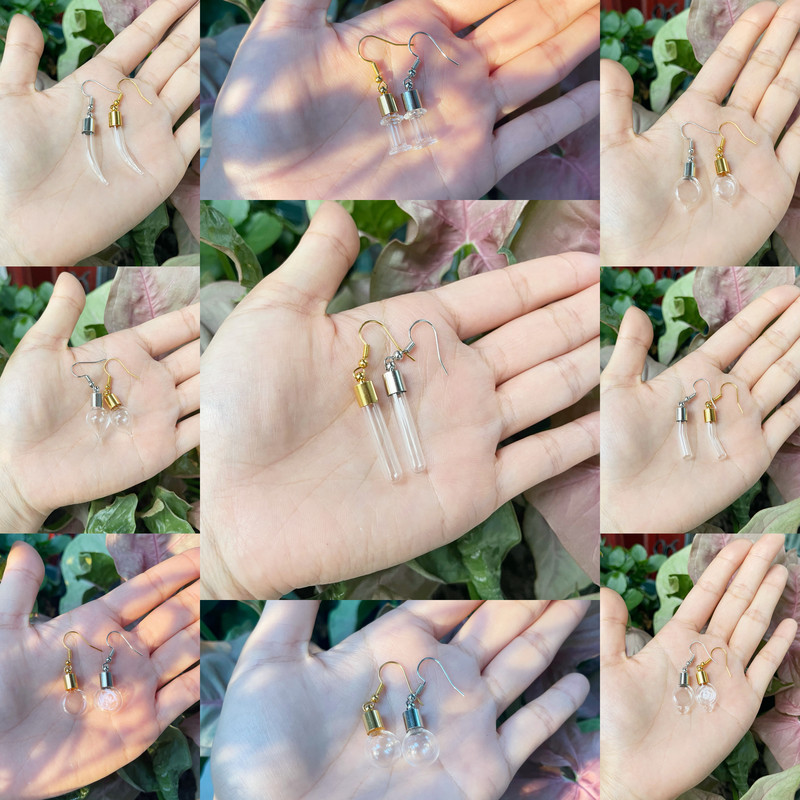 10X originalna cijev/srce/lopta/ravna staklena bočica viseće duge naušnice Naziv na bočici rižinog ulja za žene Staklene naušnice s mjehurićima