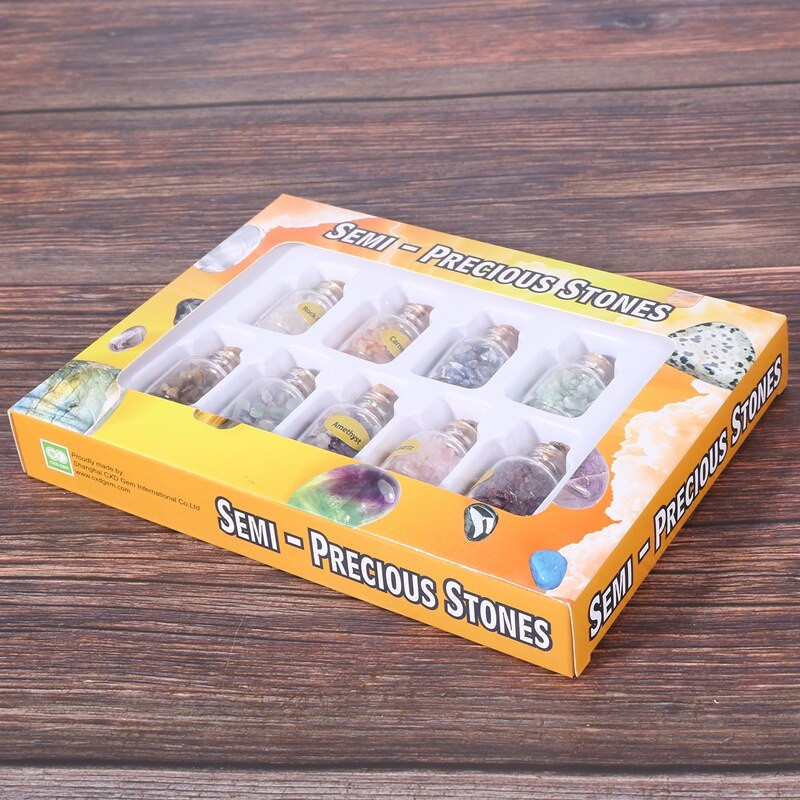 1 doboz 9 palack Mini természetes féldrágakőből készült drágakő chips kristály gyógyító bukdácsolt Reiki Wicca utazási természetes kövekkel díszített