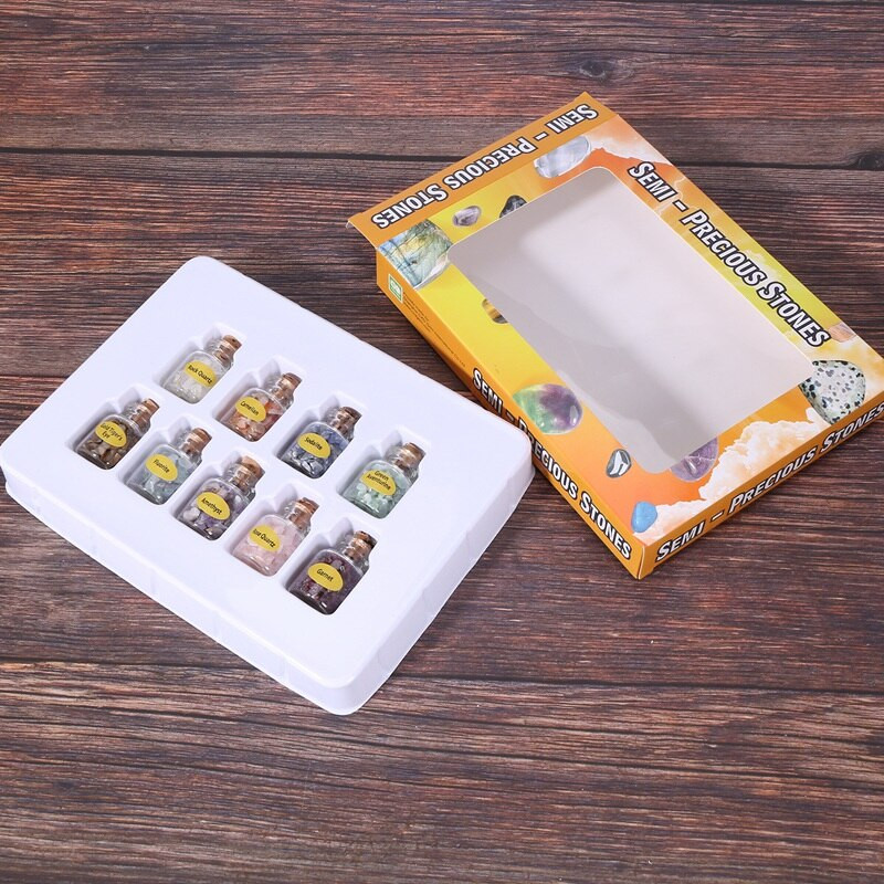 1 doboz 9 palack Mini természetes féldrágakőből készült drágakő chips kristály gyógyító bukdácsolt Reiki Wicca utazási természetes kövekkel díszített