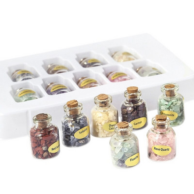 1 doboz 9 palack Mini természetes féldrágakőből készült drágakő chips kristály gyógyító bukdácsolt Reiki Wicca utazási természetes kövekkel díszített
