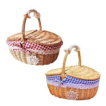 Плетена кошница от ратан с дръжка Ръчно изработена плетена кошница Пикник на открито Къмпинг Кошница за съхранение на плодов хляб Органайзер за храна
