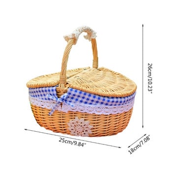Плетена кошница от ратан с дръжка Ръчно изработена плетена кошница Пикник на открито Къмпинг Кошница за съхранение на плодов хляб Органайзер за храна