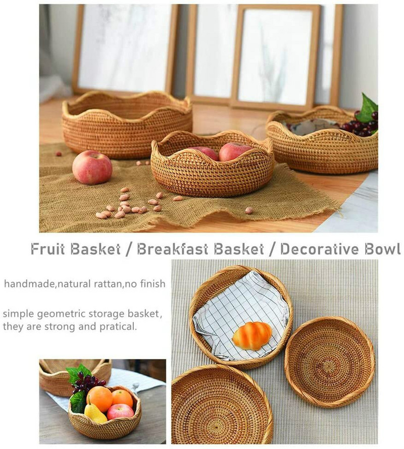 Kézzel készített rattan kerek ételtároló tálca Szőtt piknikkosár Kenyér Gyümölcs snack Tárolókosarak Kijelző asztali tálalótálca