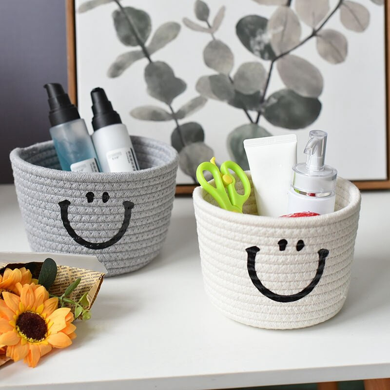 Aranyos szőtt tárolókosarak Smiley pamut kötélkészletek szervező kosár kozmetikai kulcs snack asztali, éjjeli függő tárolódoboz