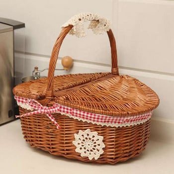 Ръчно изработена кошница от ракита Плетена кошница за къмпинг и пикник Кошница за съхранение и дръжка Дървена кошница за пикник от ракита