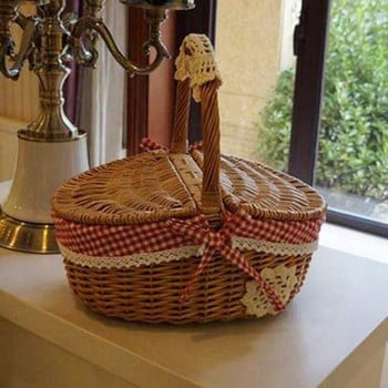 Ръчно изработена кошница от ракита Плетена кошница за къмпинг и пикник Кошница за съхранение и дръжка Дървена кошница за пикник от ракита