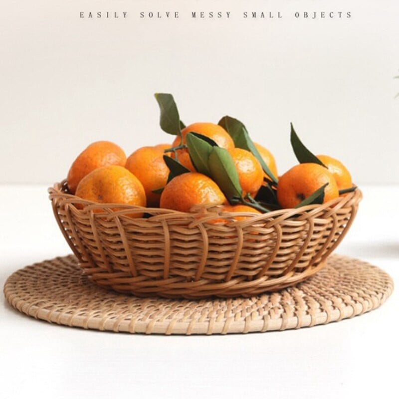 Kézzel szőtt gyümölcs-zöldség tároló kosár PP rattan utánzat asztali egyéb áruk tárolódoboz uzsonnás könyv tároló kosár